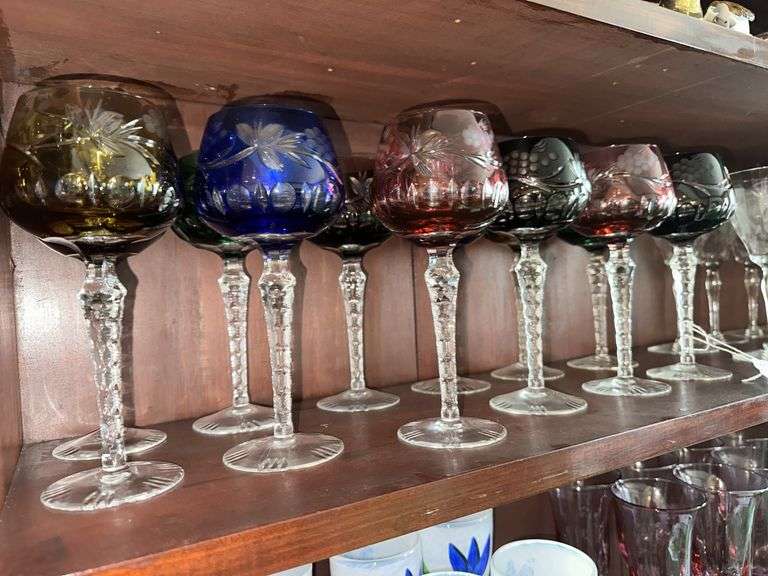 Etched crystal wine glasses with colored top and clear stems