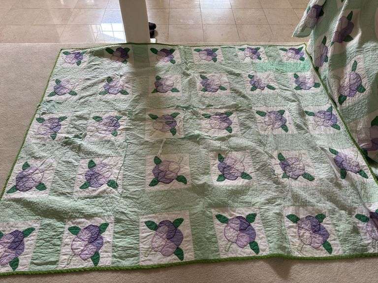 Pair of quilts with purple flowers (one has damage) image