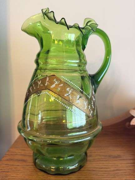 Antique, hand enameled pitcher 10" t