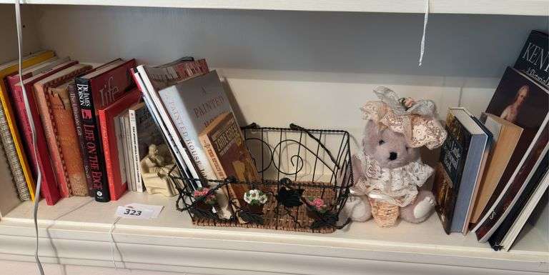 Various books, wire basket, stuffed bear image