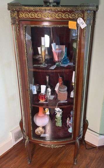 Antique French Empire style curved glass curio cabinet with marble top with velvet shelves image