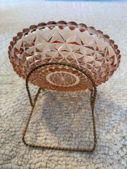 Fostoria pink Depression glass creamer & sugar, plate 7" dia