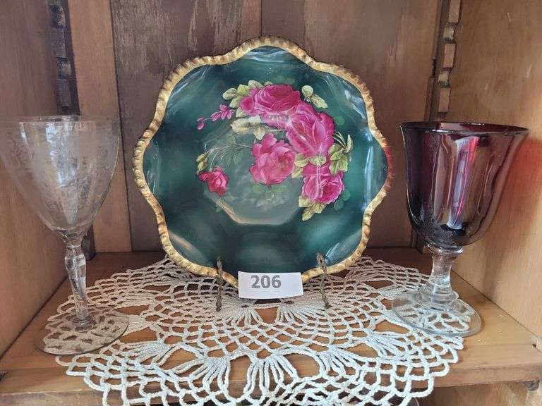 Arc International Knights Tale Ruby Red Goblet, Fostoria Goblet, OF&G Royal Austria Rose Dubarry Large Bowl. image