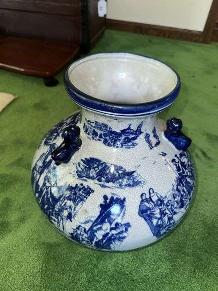 Large blue and white decorative vase