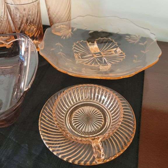 Rosaline Pink Swirl Pitcher and Tumblers, Indiana Glass Pink Footed Platter, Casserole, Cups & Saucers