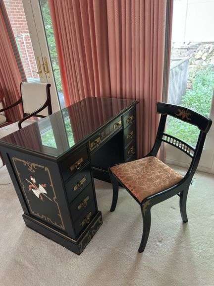 Black Lacquered writing desk and chair with hand painted accents