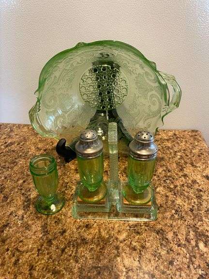Uranium glass pieces, bowl, salt and pepper shakers, stand and shaker with no cap image