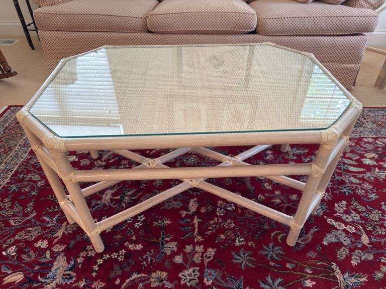 Bamboo coffee table with rattan top with protective glass 37" x 19" x 25" image