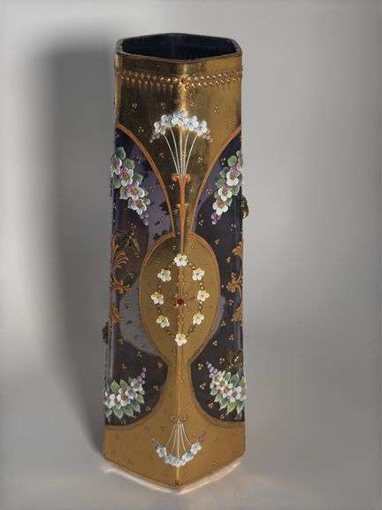 12" Moser signed vase with applied gold bees & flowers image