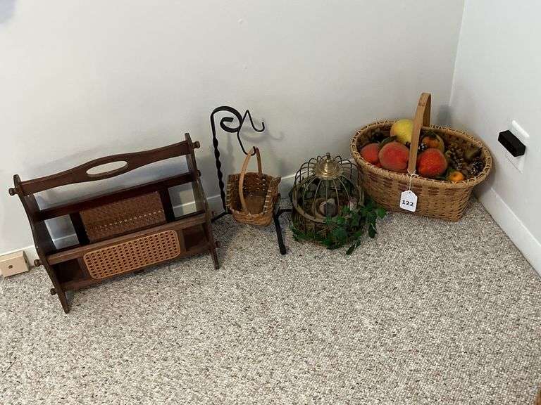 Magazine rack. Basket of fruit, metal hanger