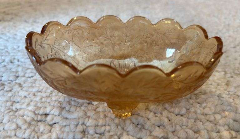 Vintage Depression Glass Amber Candy Dish, Footed, Oval Iridescent With Leaf Design, 2 small handpainted vases 4"