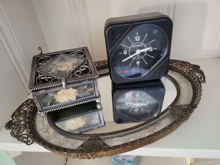 Glass and Metal Trinket Box, Clock, Mirrored Tray image