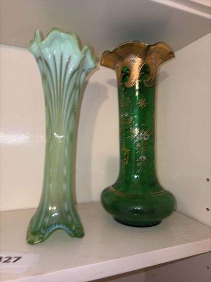 Green 11” art glass vase, 12” hand painted vase image
