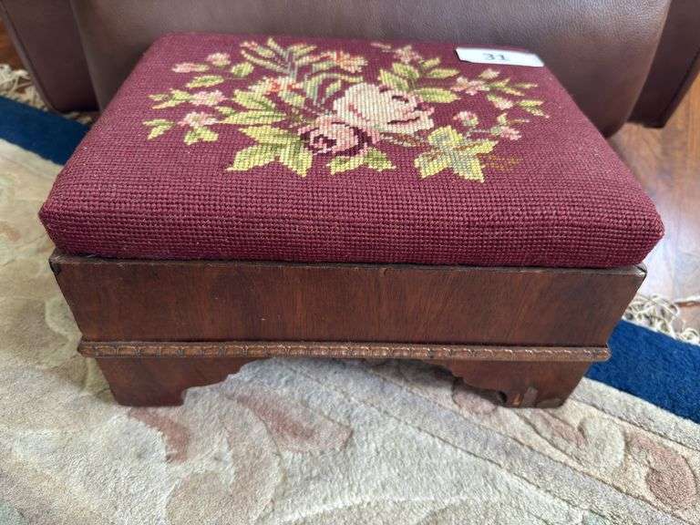 Needlepoint stool 13" x 7" x 10", Upholstered foot stool image