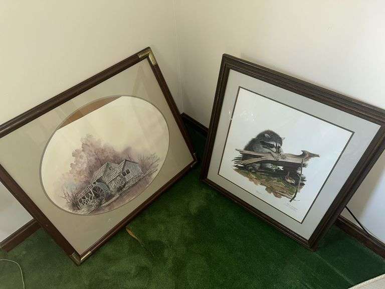 Framed watercolor, signed 27” x 31”, Ray Harm signed print “Raccoon” 25” x 27.5”