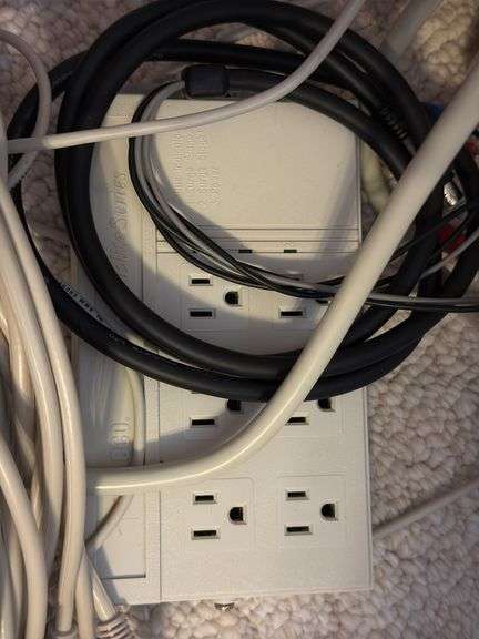 GE camcorder& case, power strip, cables