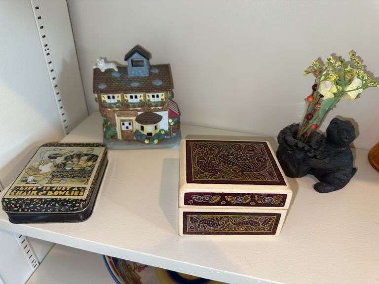 Carved wooden box, tin box, ceramic house candle holder, rabbit bud vase image