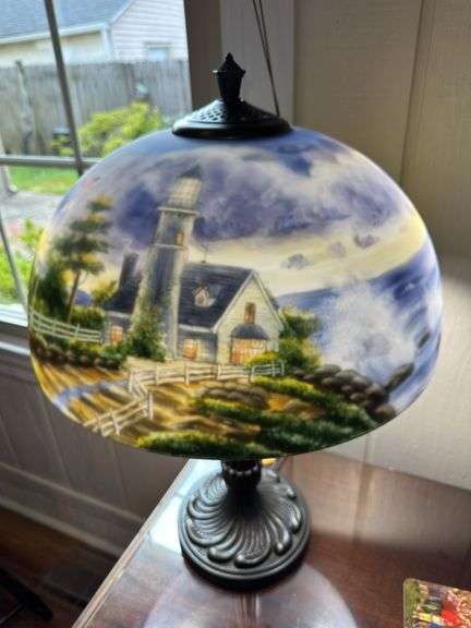Thomas Kinkade Light in The Storm Seascape Reverse Painted Table Lamp 22” tall image