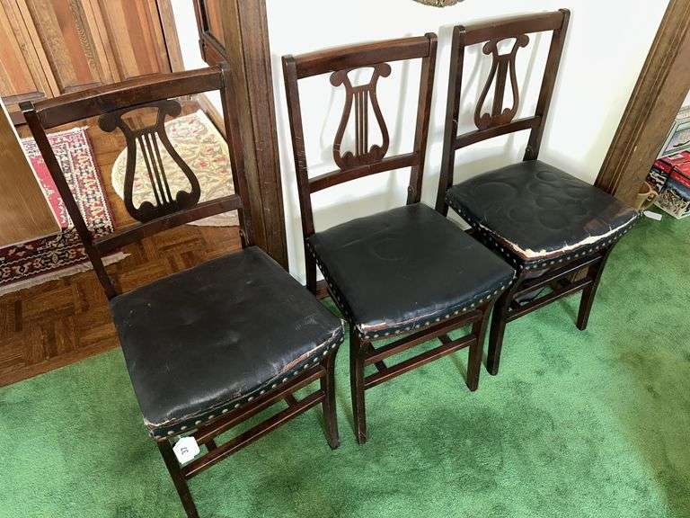 3 antique folding chairs with harp back