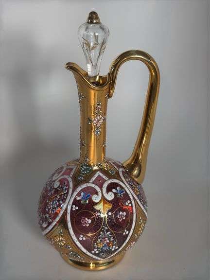 8" handpainted Moser decanter with 2" stopper, marked #5 on vase & stopper image