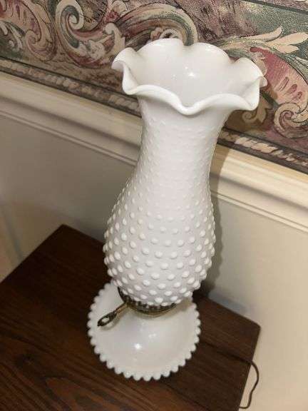 Pair of 14” tall milk glass hobnail shade lamps