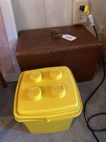 Wood box and bucket with cars and miscellaneous toys image