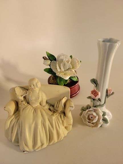 French Chalkware Figurine (chips), Floral Porcelain Vase, Porcelain Capodimonte Rose Flower Music Box image