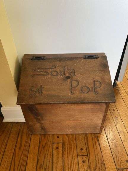 Vintage wood box “Soda Pop 5 cents” 19.5”w x 12”d x 17”h includes contents plastic wear image