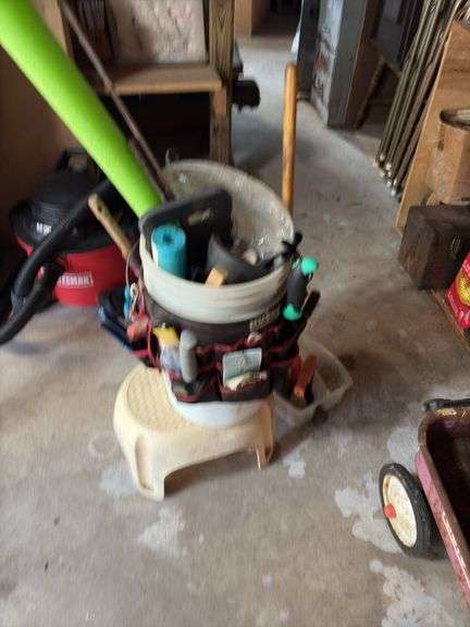 Step stool, garden tools, bucket tool holder image