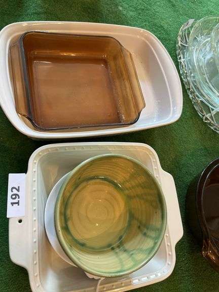 Corningware baking dish, pottery bowl, Anchor Hocking amber dishes image