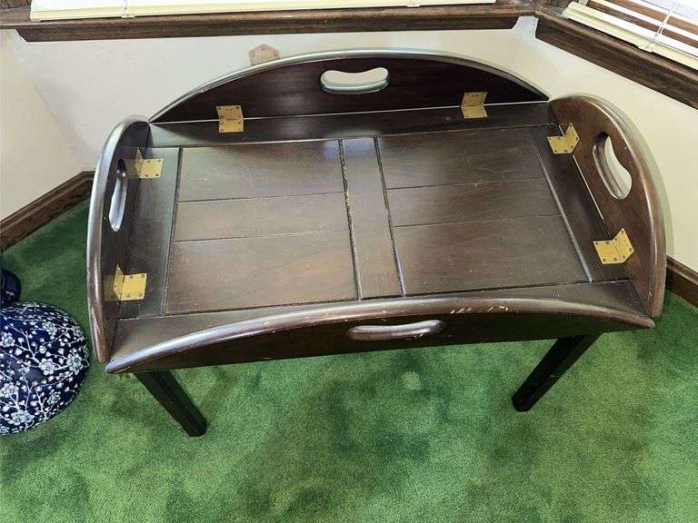 Side table with drop down sides and removable tray