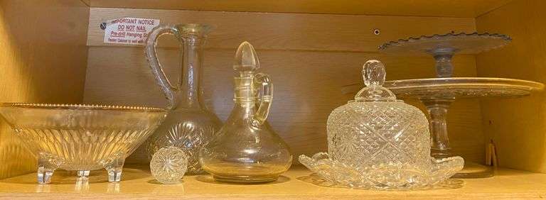 Clear glassware, cake stand, am dessert stand, round butter dish, cruets, bowl image