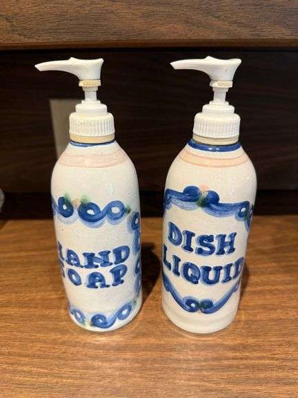 2 Hadley soap dispensers, bowl, salt & 2 peppers, insulated mug