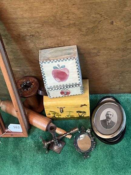 Antique spool, rolling pin, wood purse & recipe box, picture frames, brass candle sticks