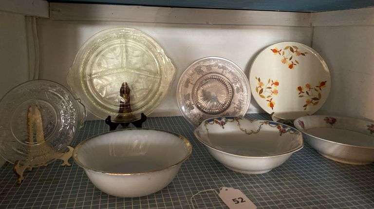 Vintage dishes, yellow divided plate, pink pressed glass plate, Hall plate, bowls image