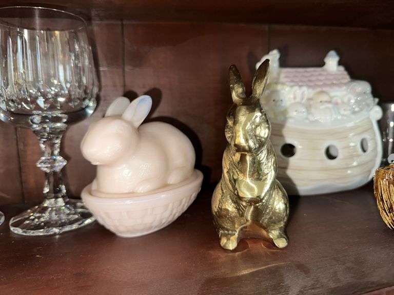 Brass bunny, Noah’s Ark figure, bunny hen on nest, Noah’s Ark lamp (no light)