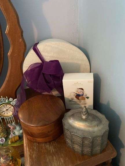 Hallmark ornament, decorative box, wood turned box with lid, silver plated vanity box with lid image
