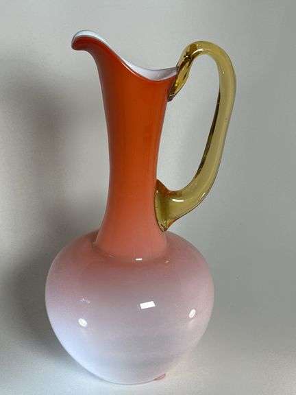 12" Wheeling peachblow pitcher with clear handle image