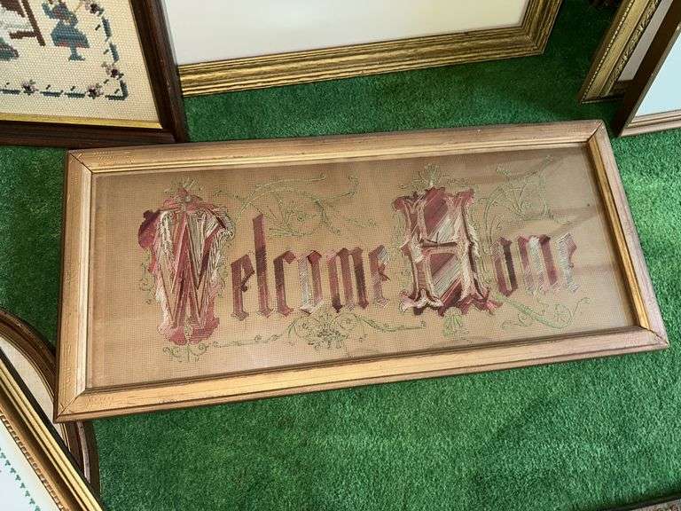 Large lot of framed needlework pictures