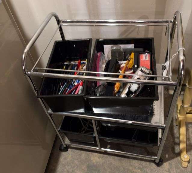 Chrome cart on casters w/ sliding bins & contents image