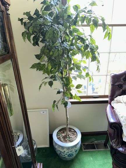 Blue and white planter with artificial ficus tree 6’ tall