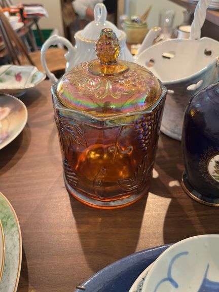 Porcelain teapot, Carnival glass covered jar, porcelain vase, misc