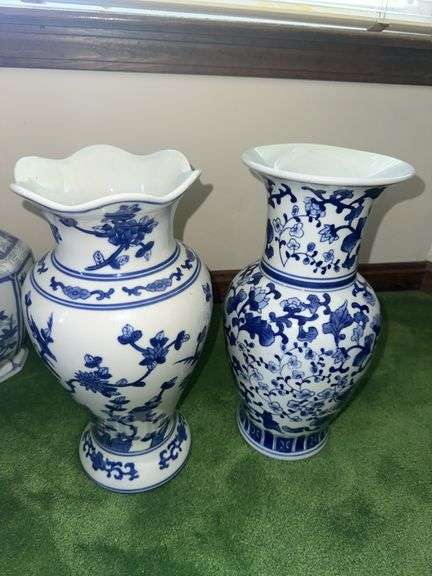 2 blue and white decorative vases 14” tall
