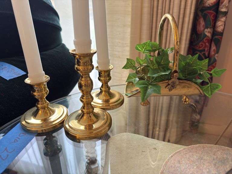 3 brass candleholders, brass basket, picture frame