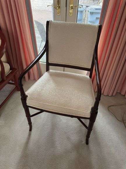Side chair with bamboo style legs and jaquered fabric seat and back