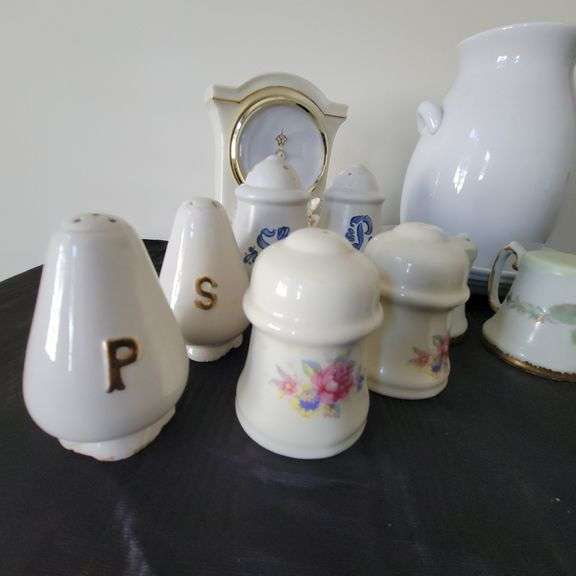 Vintage Salt/Pepper Shakers, Display Clock, Ceramic Double Handle Vase/Dish