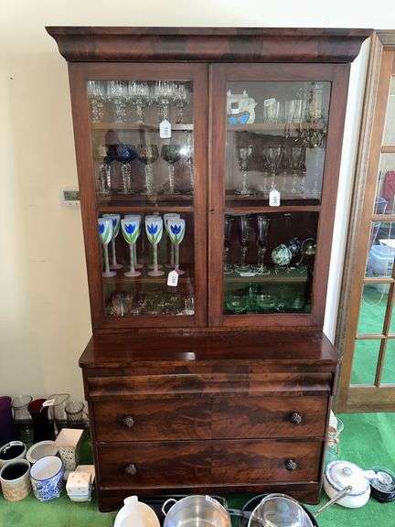 2 piece Antique walnut step back cabinet with wavy glass doors image