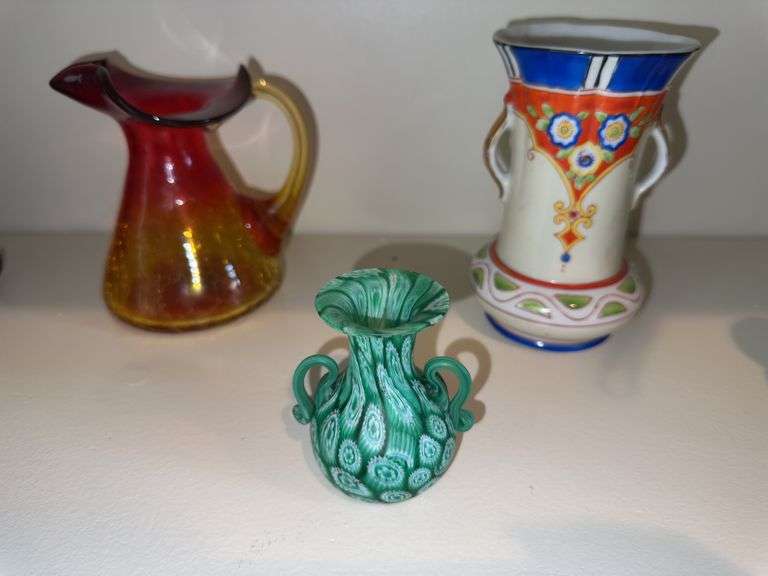 Vintage Mid Century Crackle Glass Pitcher Amberina Kanawha Glass 5.5”, Goldcastle marked Japan vase 5.5”, Murano Green Glass Vase 3” image