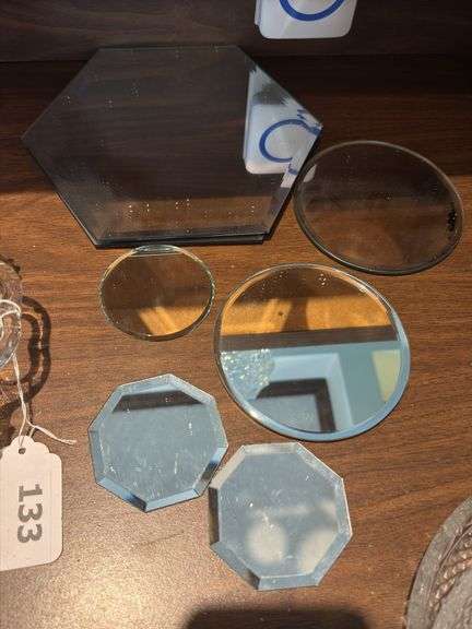 Fostoria nappy, 3 pattern glass pieces, mirrored glass pieces