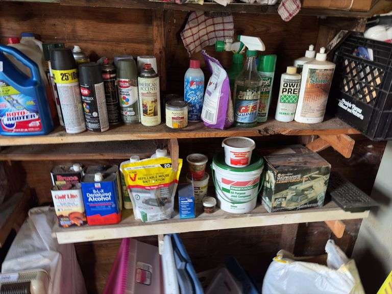 Contents of 2 shelves paint supplies, cleaners, paint. Pine cones, misc image